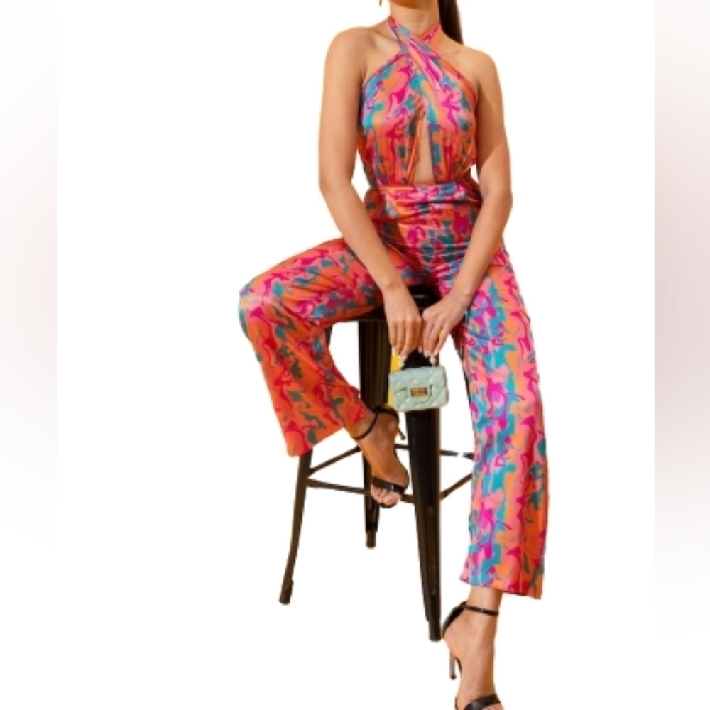 Stylecast halterneck abstract printed wrap multicolor sleeveless  jumpsuit